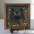 5.5” Framed Cat Art & Easel – Whimsical Folk Art Floral Black Cat, Rustic Farmhouse Shelf Decor, Cozy Cottage Home Accent