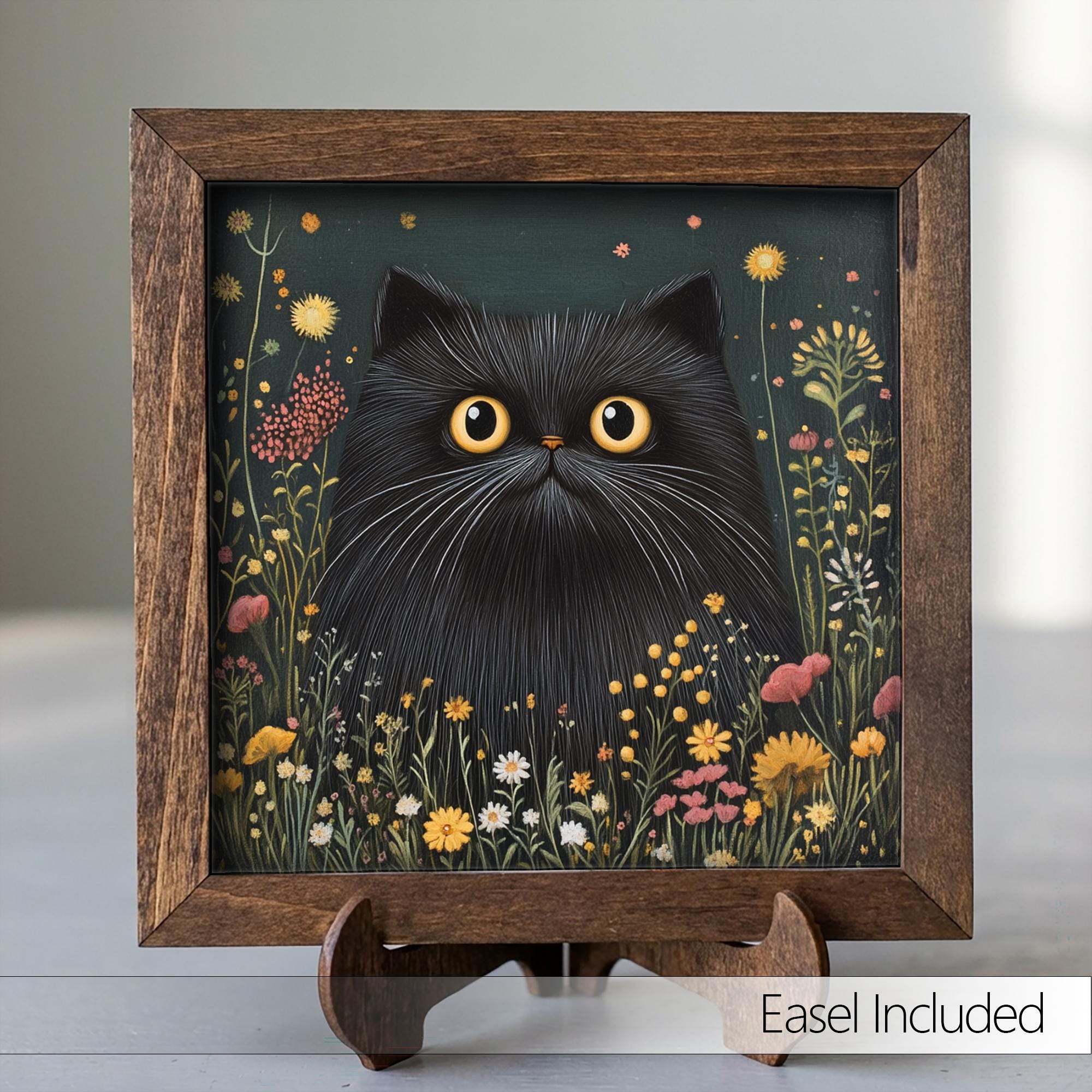 5.5” Framed Cat Art & Easel – Whimsical Folk Art Floral Black Cat, Rustic Farmhouse Shelf Decor, Cozy Cottage Home Accent