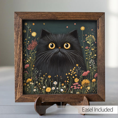 5.5” Framed Cat Art & Easel – Whimsical Folk Art Floral Black Cat, Rustic Farmhouse Shelf Decor, Cozy Cottage Home Accent