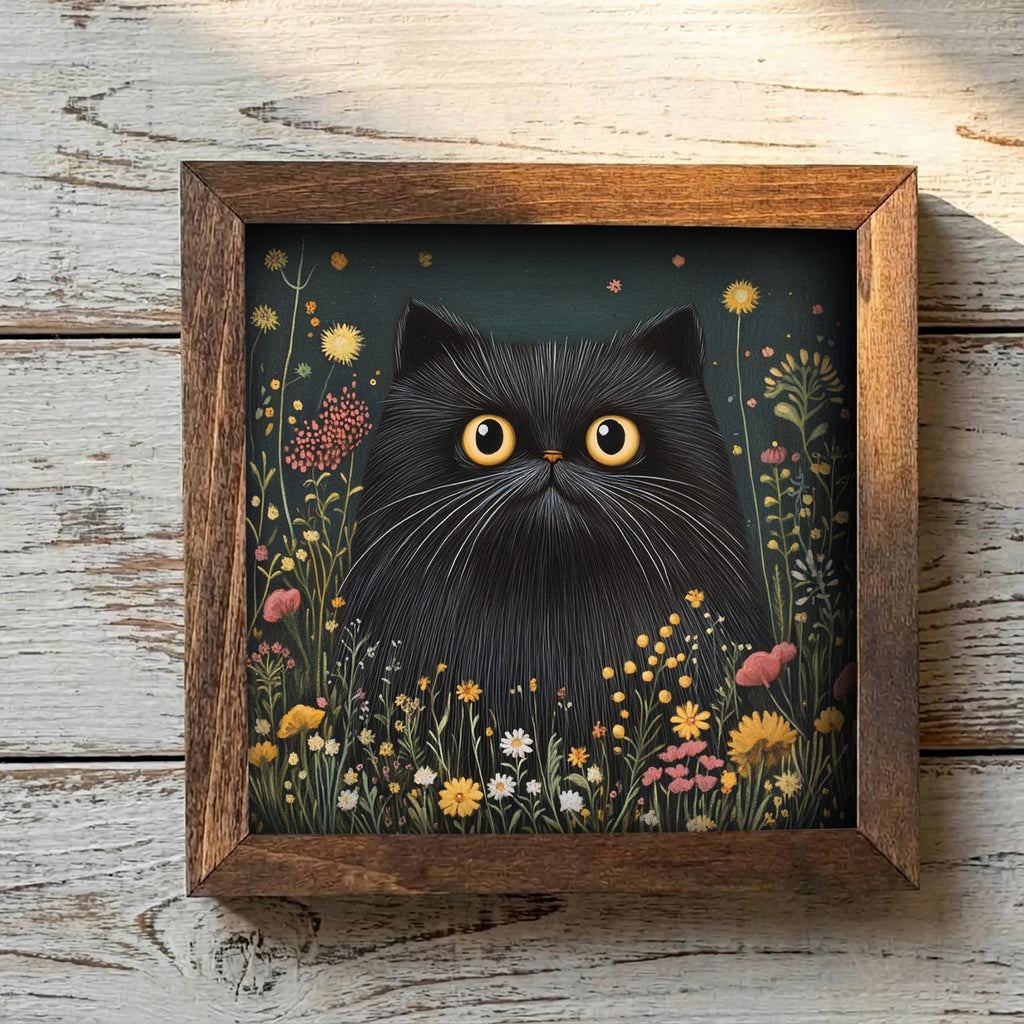 5.5” Framed Cat Art & Easel – Whimsical Folk Art Floral Black Cat, Rustic Farmhouse Shelf Decor, Cozy Cottage Home Accent
