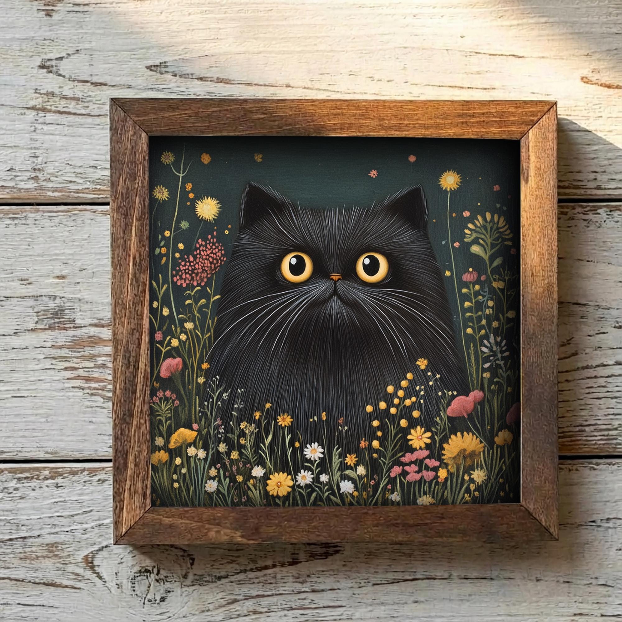 5.5” Framed Cat Art & Easel – Whimsical Folk Art Floral Black Cat, Rustic Farmhouse Shelf Decor, Cozy Cottage Home Accent