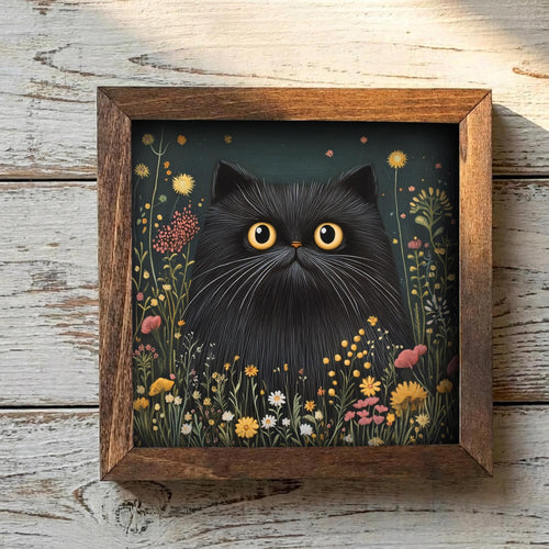 5.5” Framed Cat Art & Easel – Whimsical Folk Art Floral Black Cat, Rustic Farmhouse Shelf Decor, Cozy Cottage Home Accent