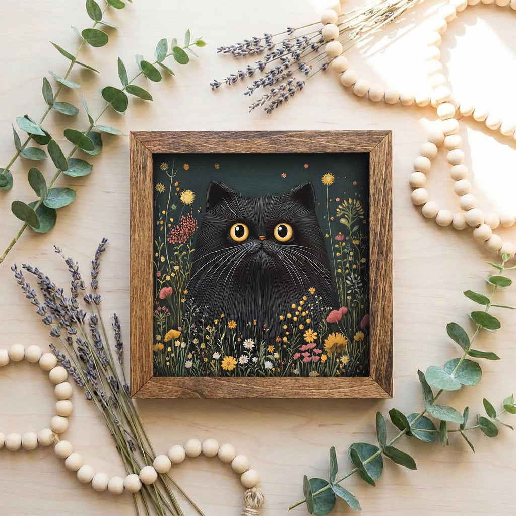 5.5” Framed Cat Art & Easel – Whimsical Folk Art Floral Black Cat, Rustic Farmhouse Shelf Decor, Cozy Cottage Home Accent