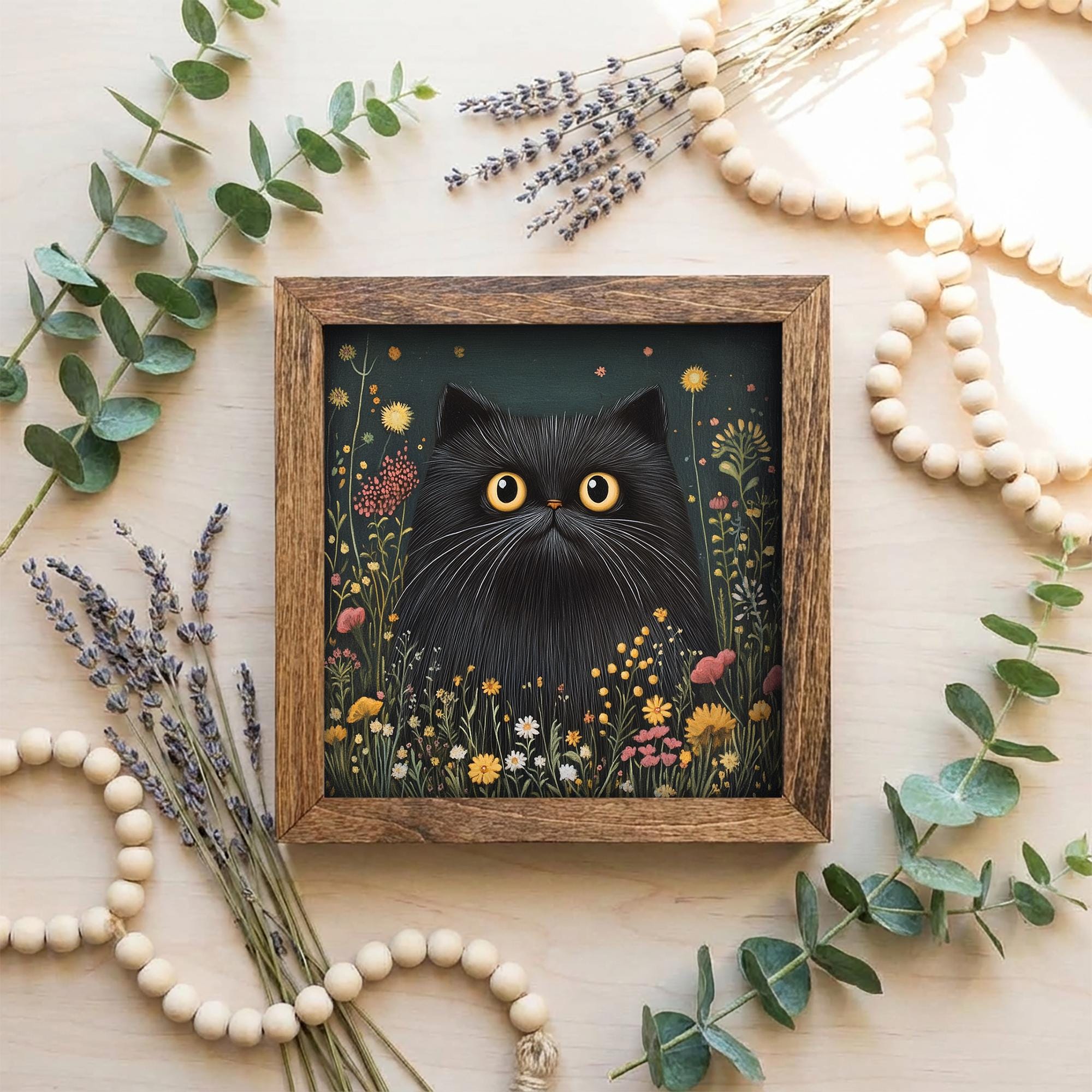 5.5” Framed Cat Art & Easel – Whimsical Folk Art Floral Black Cat, Rustic Farmhouse Shelf Decor, Cozy Cottage Home Accent