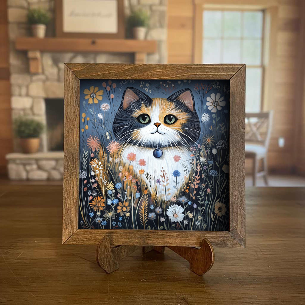 5.5” Framed Cat Art & Easel – Whimsical Folk Art Floral Calico Cat, Rustic Farmhouse Shelf Decor, Cozy Cottage Home Accent