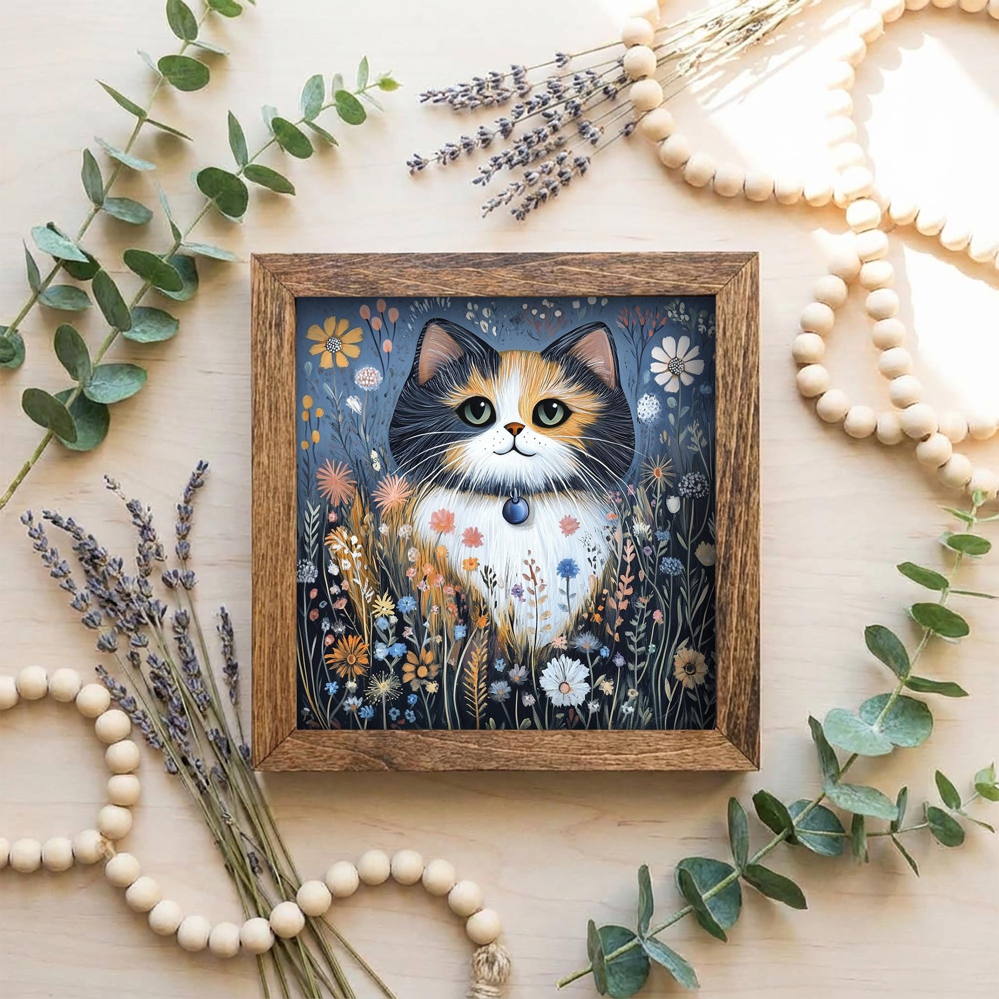 5.5” Framed Cat Art & Easel – Whimsical Folk Art Floral Calico Cat, Rustic Farmhouse Shelf Decor, Cozy Cottage Home Accent