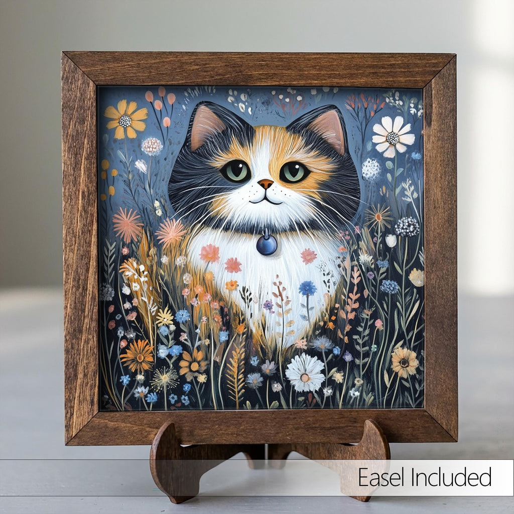 5.5” Framed Cat Art & Easel – Whimsical Folk Art Floral Calico Cat, Rustic Farmhouse Shelf Decor, Cozy Cottage Home Accent