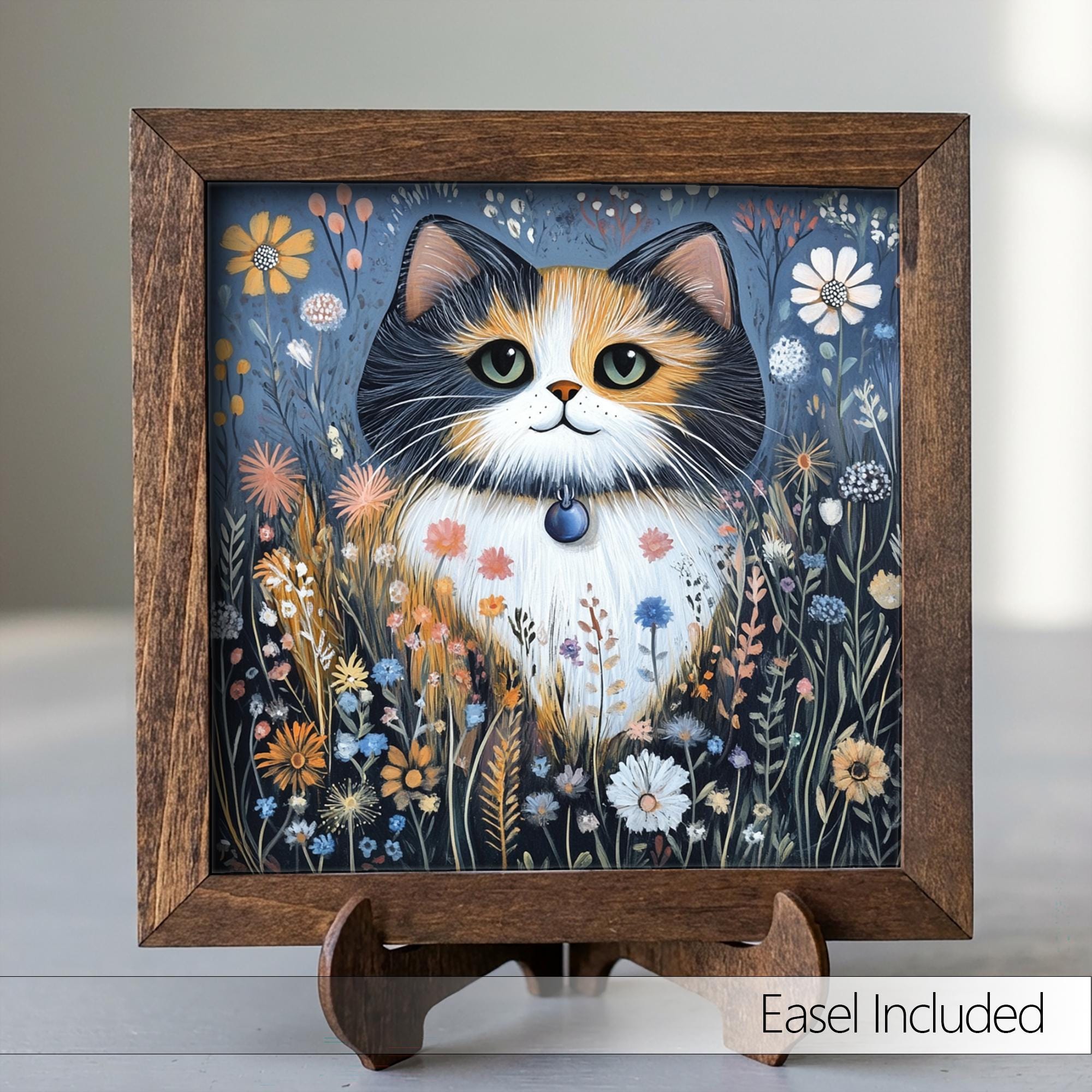 5.5” Framed Cat Art & Easel – Whimsical Folk Art Floral Calico Cat, Rustic Farmhouse Shelf Decor, Cozy Cottage Home Accent