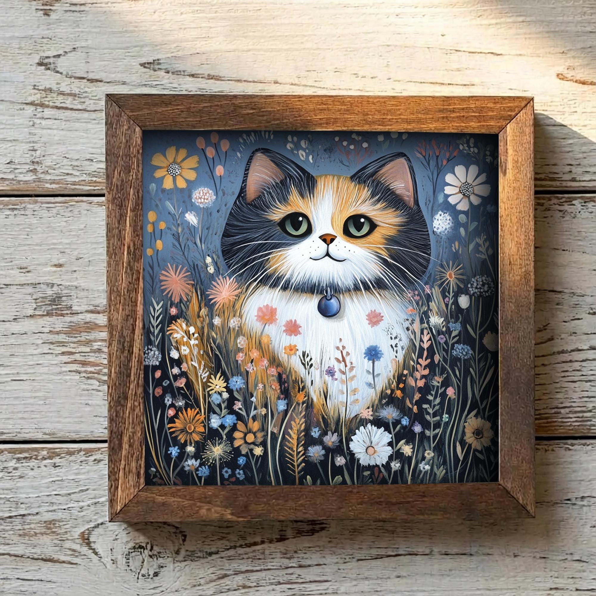 5.5” Framed Cat Art & Easel – Whimsical Folk Art Floral Calico Cat, Rustic Farmhouse Shelf Decor, Cozy Cottage Home Accent