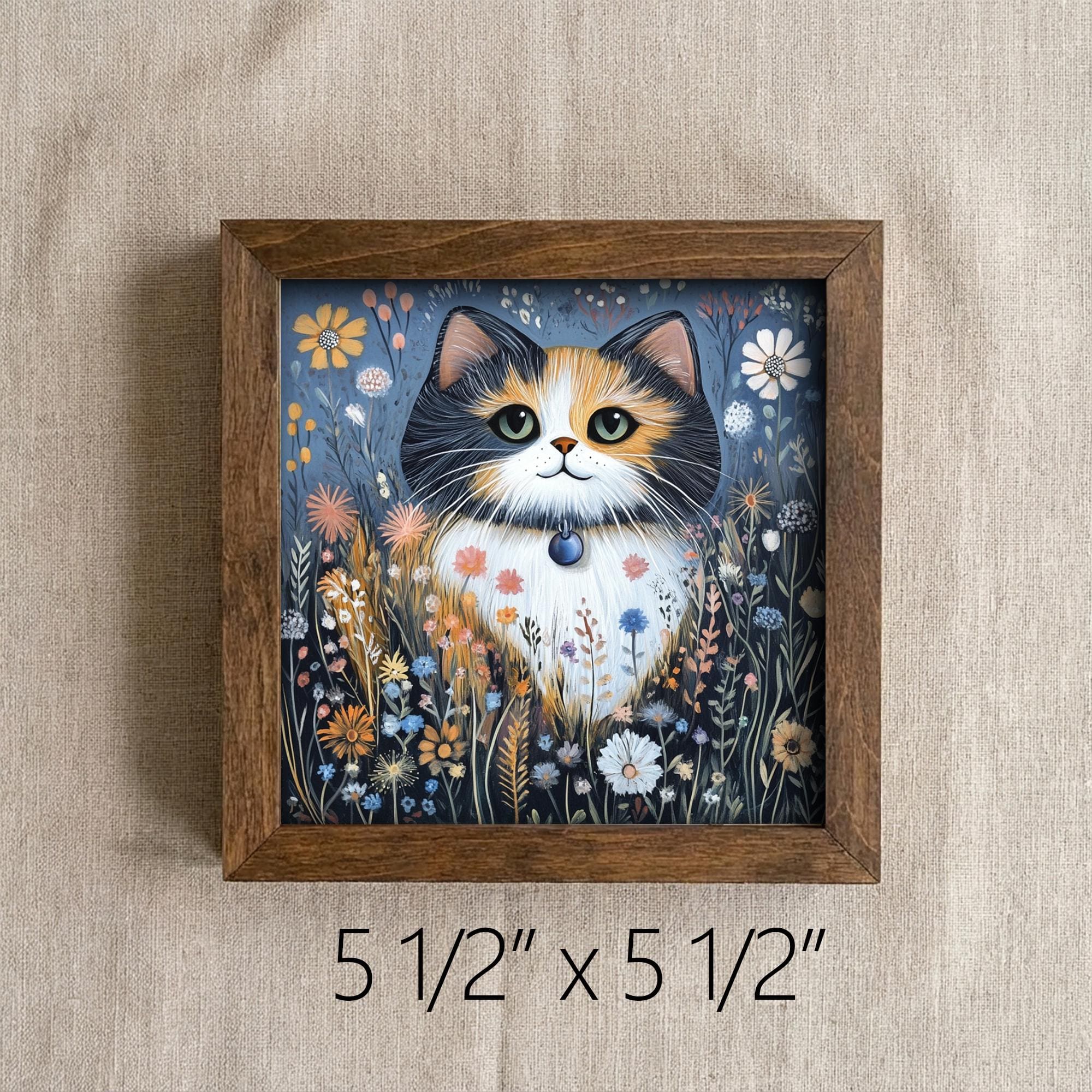 5.5” Framed Cat Art & Easel – Whimsical Folk Art Floral Calico Cat, Rustic Farmhouse Shelf Decor, Cozy Cottage Home Accent