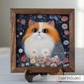 5.5” Framed Cat Art & Easel – Whimsical Folk Art Floral Orange and White Cat, Rustic Farmhouse Shelf Decor, Cozy Cottage Home Accent