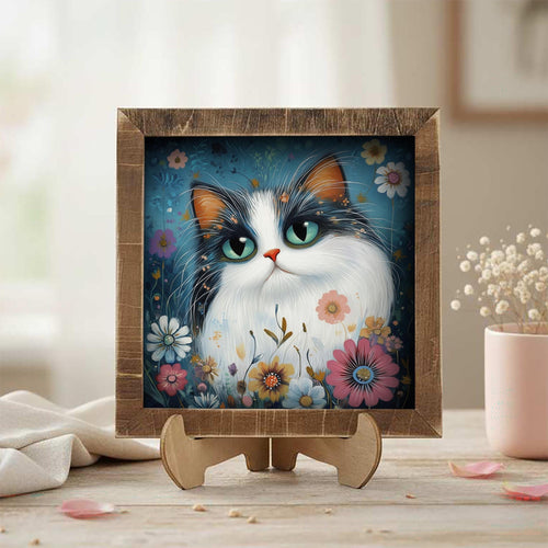 5.5” Framed Cat Art & Easel – Whimsical Folk Art Floral Cat and Flowers, Rustic Farmhouse Shelf Decor, Cozy Cottage Home Accent