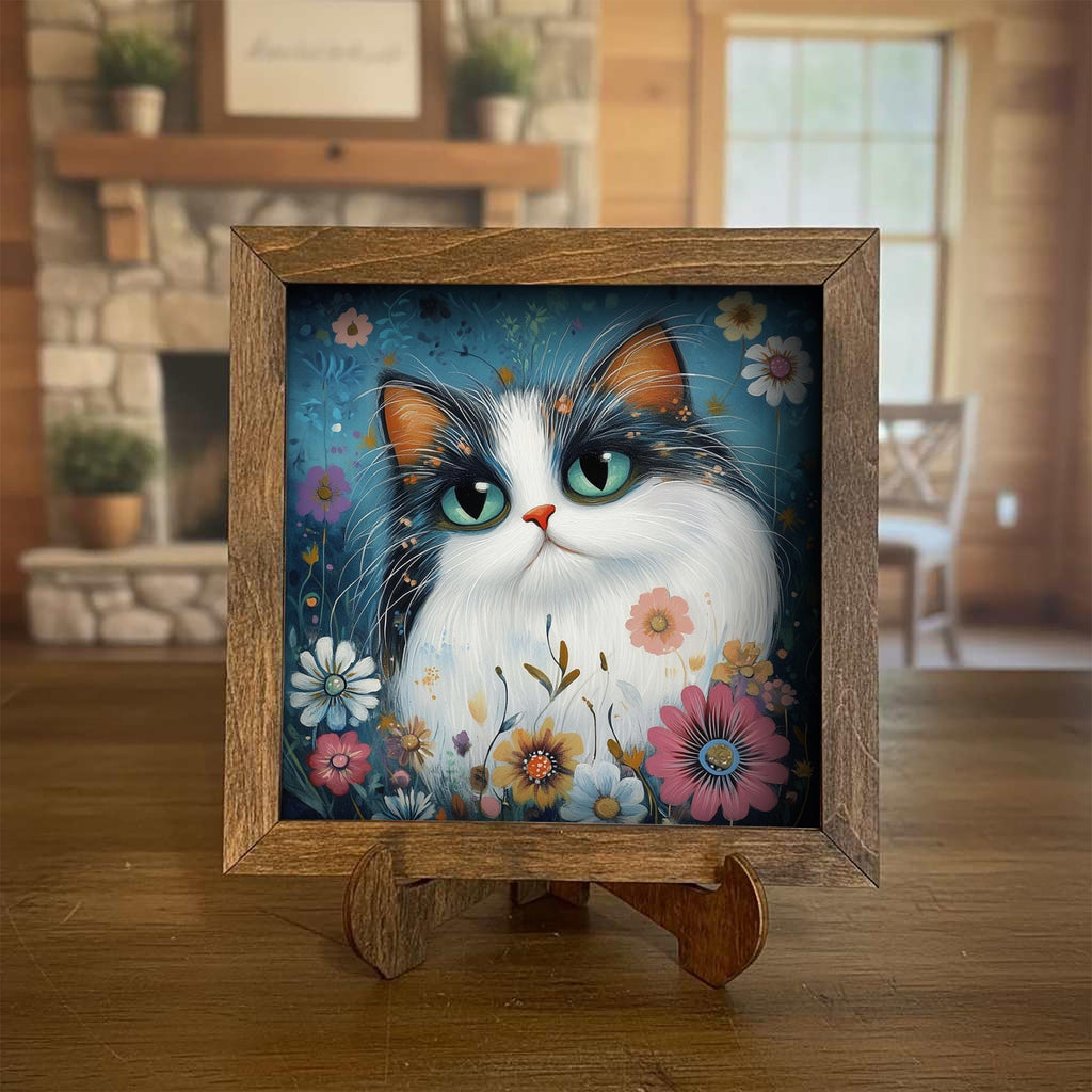 5.5” Framed Cat Art & Easel – Whimsical Folk Art Floral Cat and Flowers, Rustic Farmhouse Shelf Decor, Cozy Cottage Home Accent