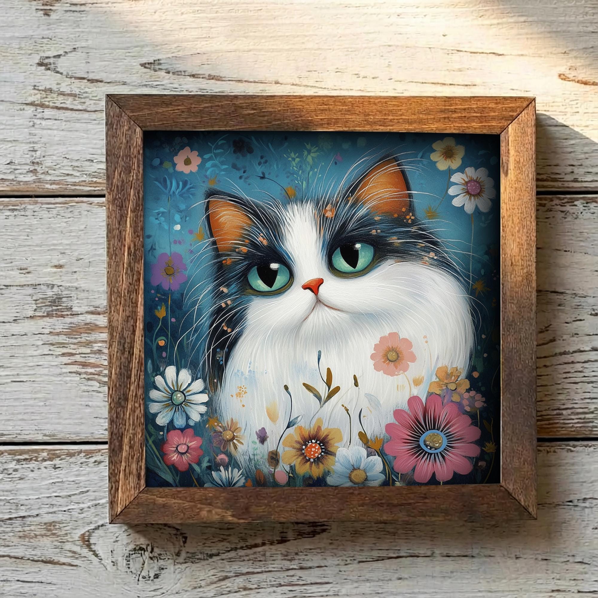 5.5” Framed Cat Art & Easel – Whimsical Folk Art Floral Cat and Flowers, Rustic Farmhouse Shelf Decor, Cozy Cottage Home Accent
