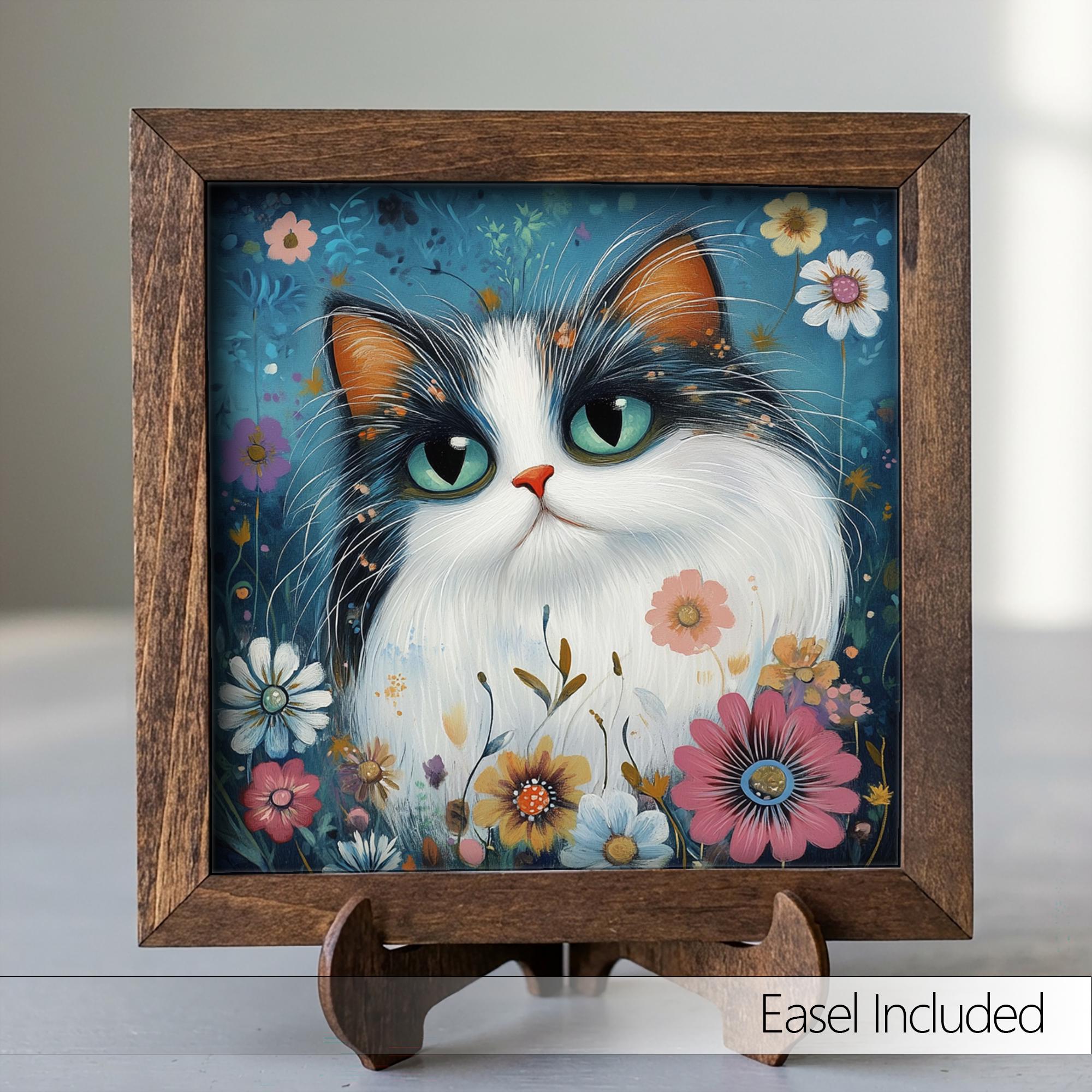 5.5” Framed Cat Art & Easel – Whimsical Folk Art Floral Cat and Flowers, Rustic Farmhouse Shelf Decor, Cozy Cottage Home Accent