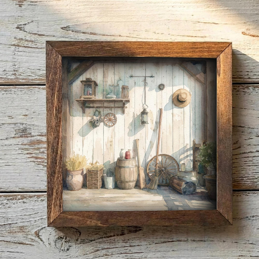 5.5” Framed Farmhouse Art – Cozy Rustic Interior Scene, Cottage Shelf Decor, Neutral Farmhouse Home Accent