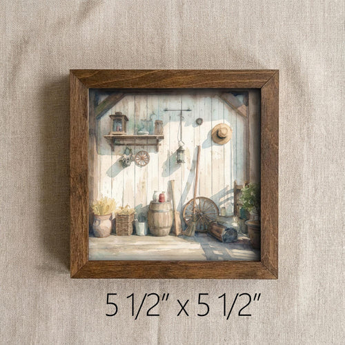 5.5” Framed Farmhouse Art – Cozy Rustic Interior Scene, Cottage Shelf Decor, Neutral Farmhouse Home Accent