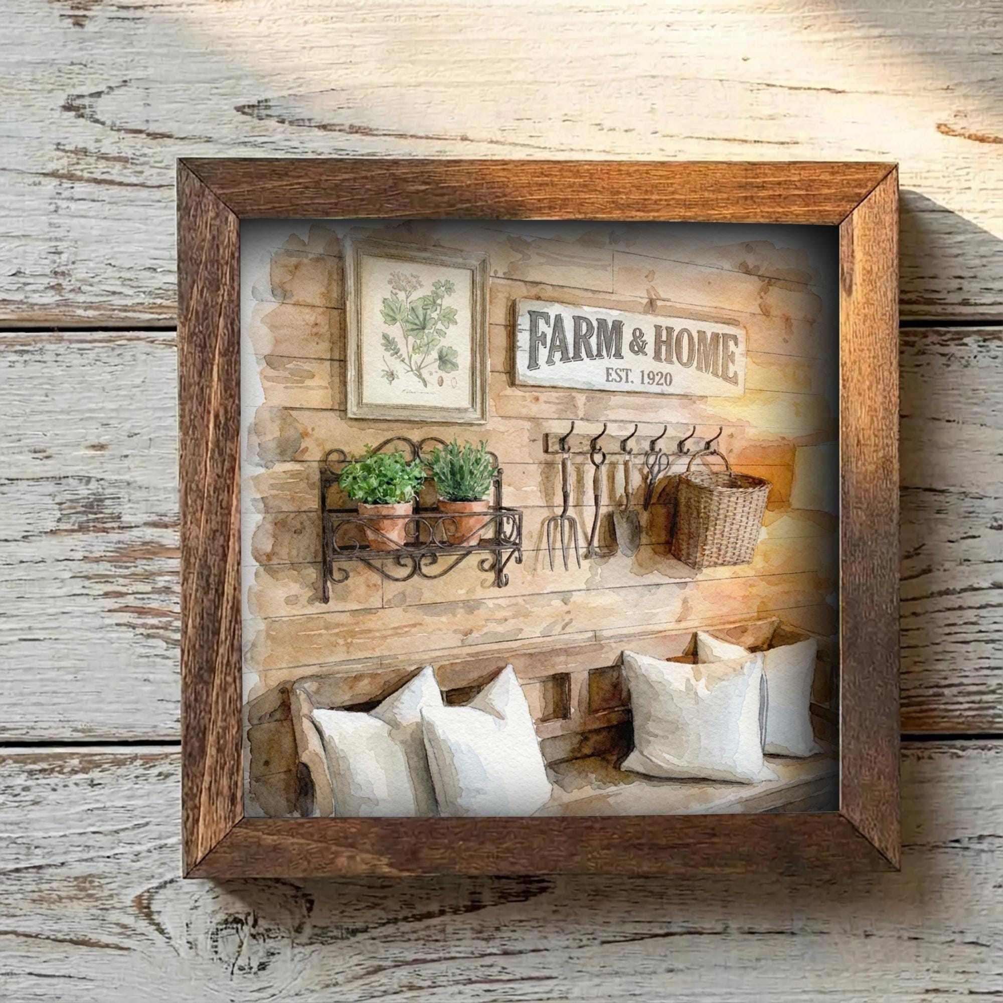 5.5” Framed Farmhouse Art – Cozy Rustic Interior Scene, Cottage Shelf Decor, Neutral Farmhouse Home Accent