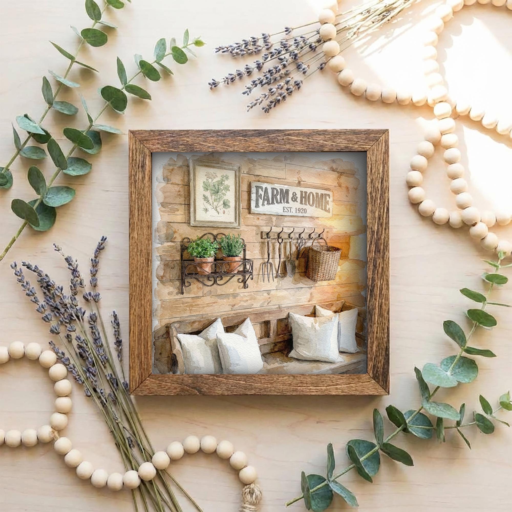 5.5” Framed Farmhouse Art – Cozy Rustic Interior Scene, Cottage Shelf Decor, Neutral Farmhouse Home Accent