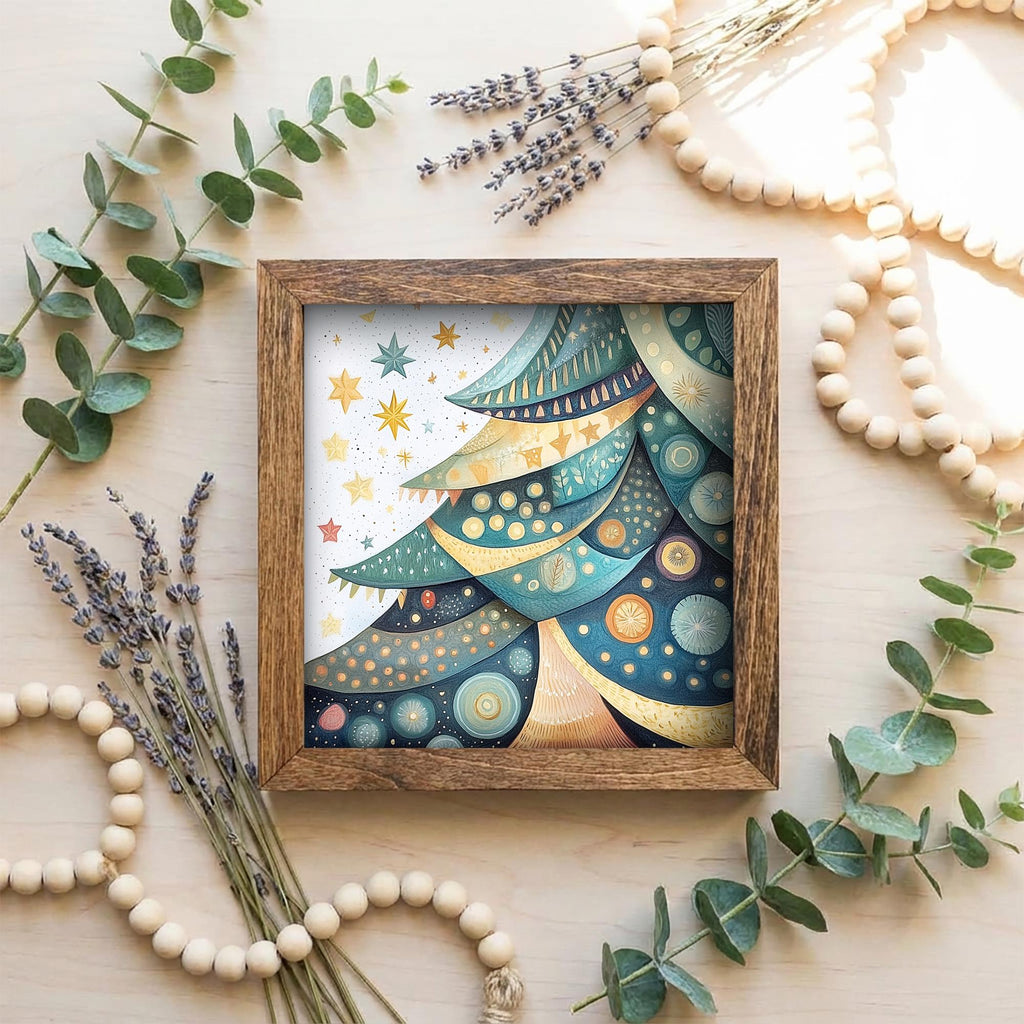 5.5” Framed Christmas Tree Wall Art – Whimsical Holiday Tree, Winter Farmhouse Shelf Decor, Cozy Seasonal Home Accent