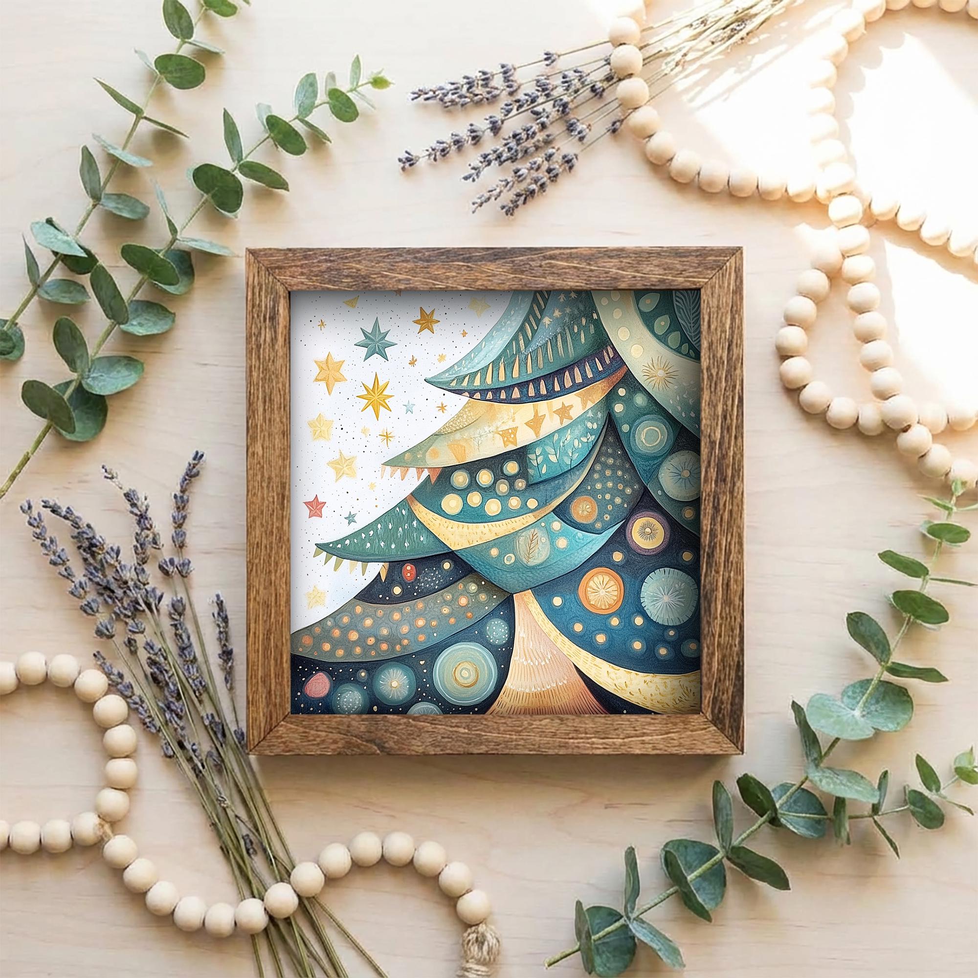 5.5” Framed Christmas Tree Wall Art – Whimsical Holiday Tree, Winter Farmhouse Shelf Decor, Cozy Seasonal Home Accent