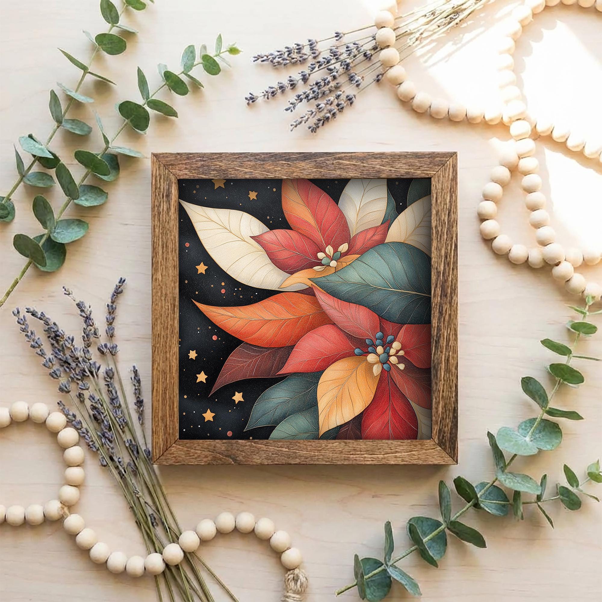 5.5” Framed Holiday Floral Wall Art – Whimsical Poinsettia Style, Christmas Farmhouse Shelf Decor, Cozy Seasonal Home Accent