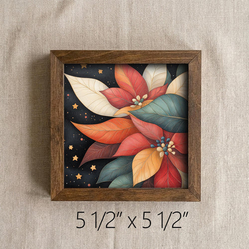 5.5” Framed Holiday Floral Wall Art – Whimsical Poinsettia Style, Christmas Farmhouse Shelf Decor, Cozy Seasonal Home Accent
