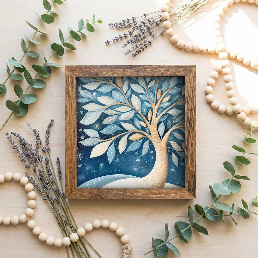 5.5” Framed Winter Tree Wall Art – Whimsical Nature Illustration, Cozy Farmhouse Shelf Decor, Blue Neutral Home Accent