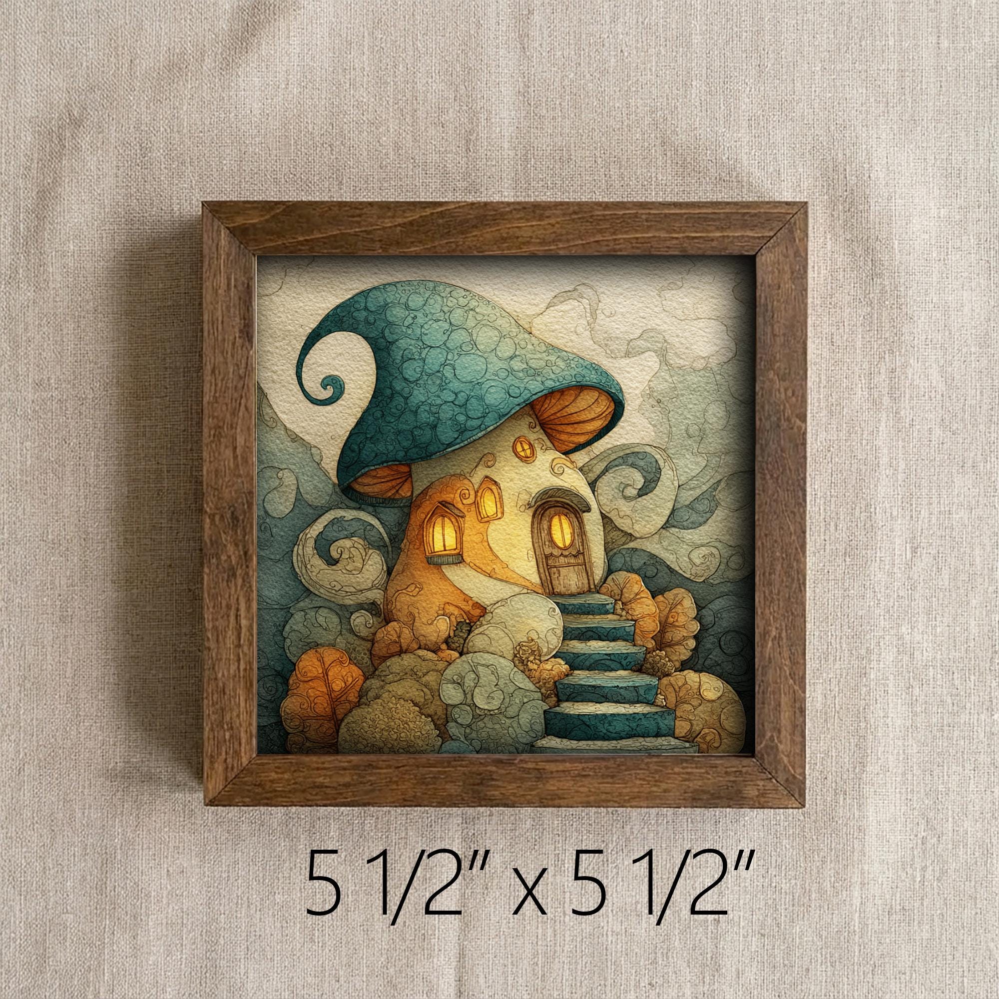 Whimsical Mushroom House Framed Art | Fairy Cottage Decor | Cozy Storybook Illustration | Rustic Farmhouse Frame