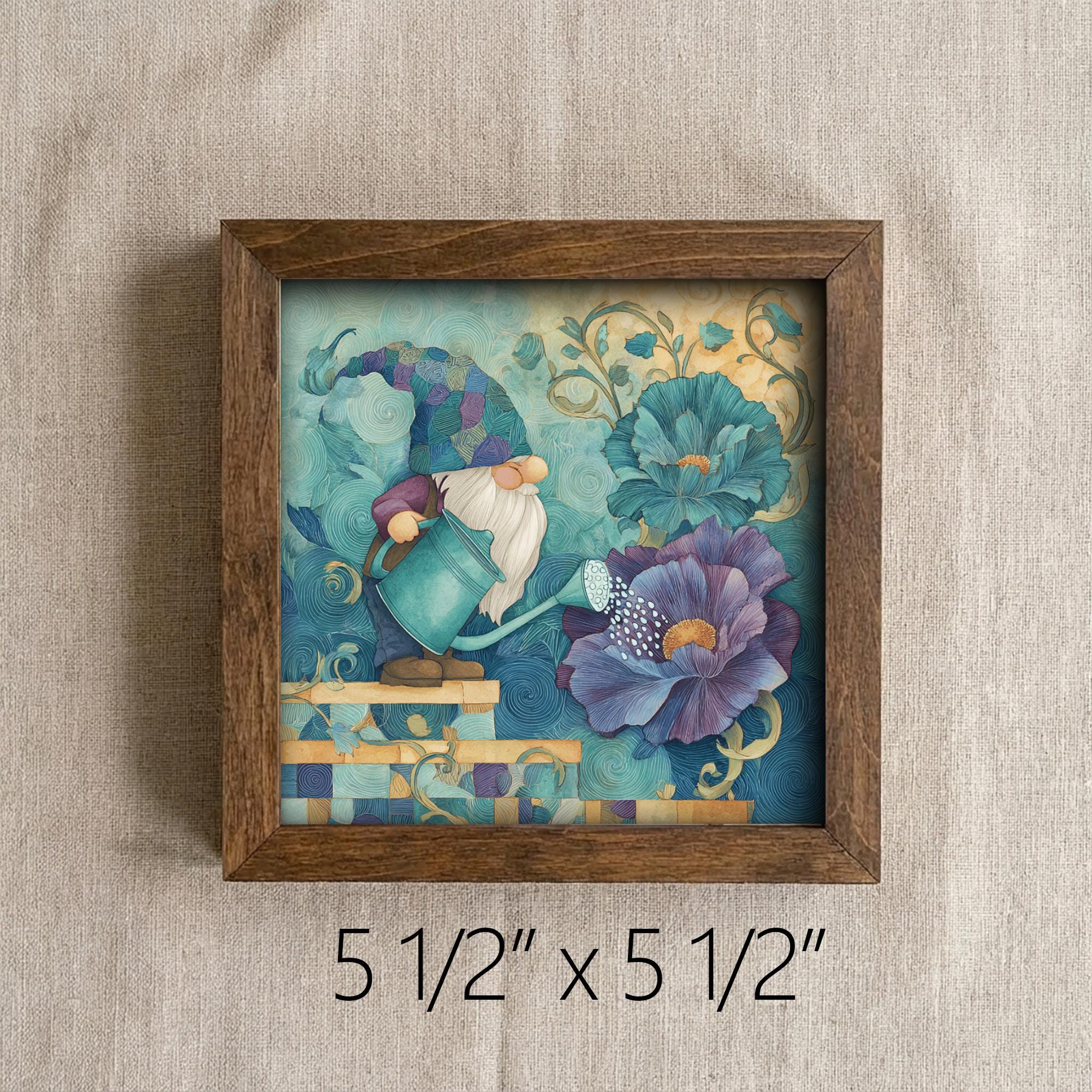 Garden Gnome Framed Art | Whimsical Flower Illustration | Cottagecore Gnome Decor | Rustic Farmhouse Frame