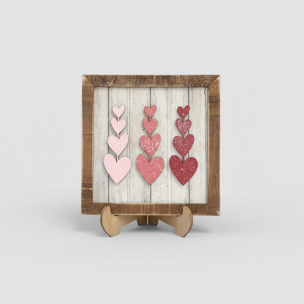 Tiered Heart Art Sign – 5.5” Square Shelf Decor – Rustic Farmhouse Tiered Tray Romantic Decor
