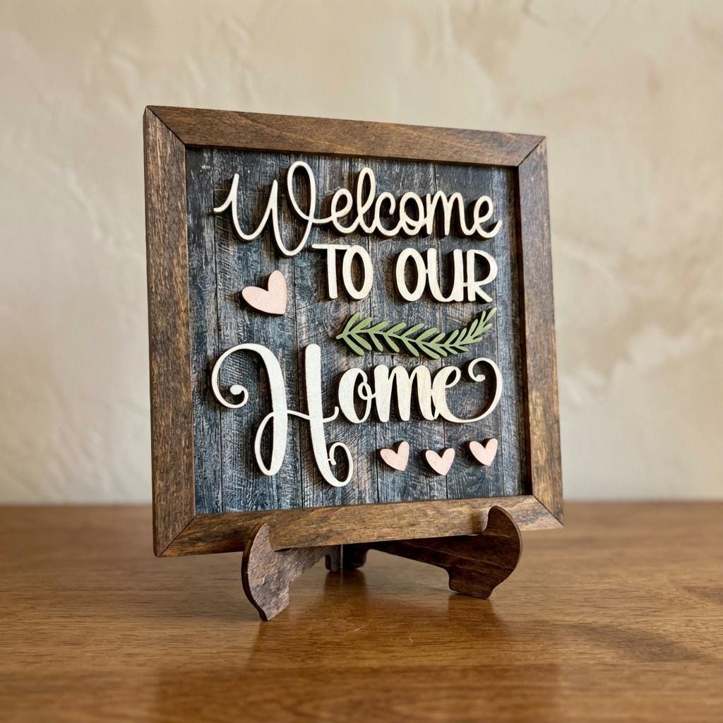 Welcome to Our Home Framed Wood Sign, Rustic Farmhouse Decor, Layered Wood Wall Art or Shelf Decor, Housewarming Gift