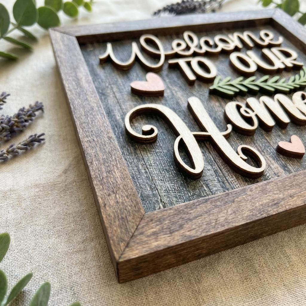 Welcome to Our Home Framed Wood Sign, Rustic Farmhouse Decor, Layered Wood Wall Art or Shelf Decor, Housewarming Gift