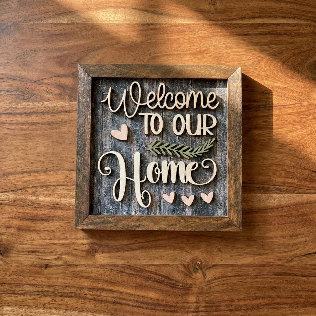 Welcome to Our Home Framed Wood Sign, Rustic Farmhouse Decor, Layered Wood Wall Art or Shelf Decor, Housewarming Gift