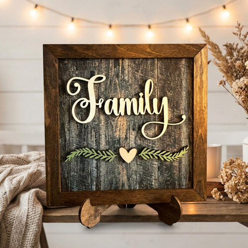 Family Framed Wood Sign with Easel, Rustic Farmhouse Family Decor, Layered Wood Wall Art or Shelf Sign, Housewarming or Family Gift