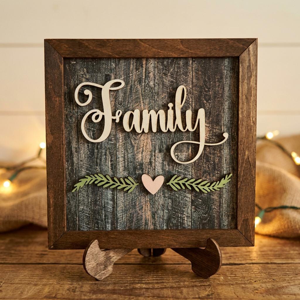 Family Framed Wood Sign with Easel, Rustic Farmhouse Family Decor, Layered Wood Wall Art or Shelf Sign, Housewarming or Family Gift