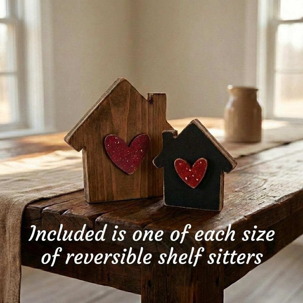 Reversible House Shelf Sitter Set, Rustic Home Decor Pair, Double-Sided Wood Houses with Hearts, Farmhouse Shelf Decor