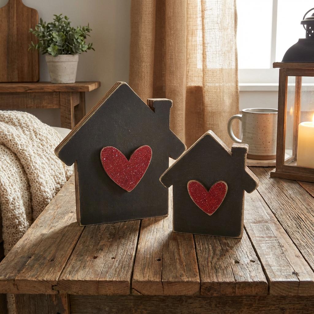 Reversible House Shelf Sitter Set, Rustic Home Decor Pair, Double-Sided Wood Houses with Hearts, Farmhouse Shelf Decor