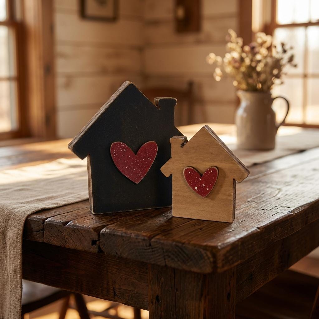 Reversible House Shelf Sitter Set, Rustic Home Decor Pair, Double-Sided Wood Houses with Hearts, Farmhouse Shelf Decor