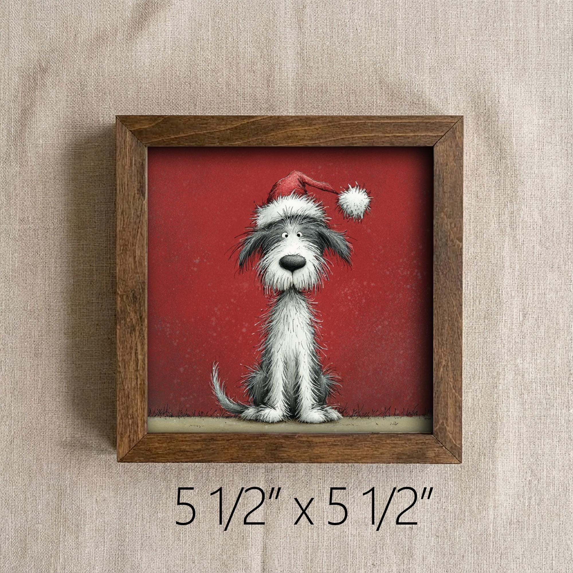 Funny Christmas Dog Framed Art | Whimsical Holiday Dog Illustration | Pet Lover Christmas Decor | Rustic Wood Frame | Easel Included