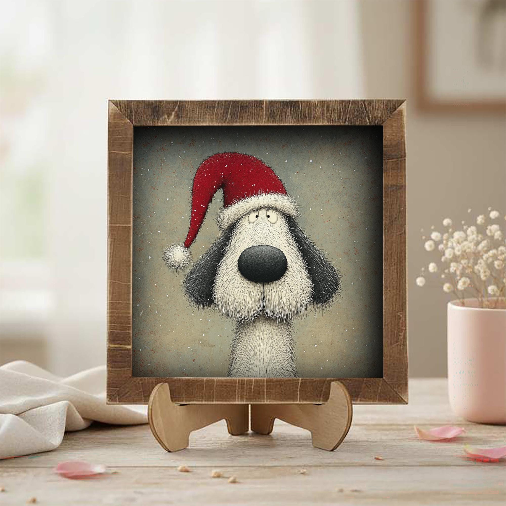 Christmas Dog Framed Art | Whimsical Holiday Dog Illustration | Funny Pet Lover Christmas Decor | Rustic Wood Frame | Easel Included