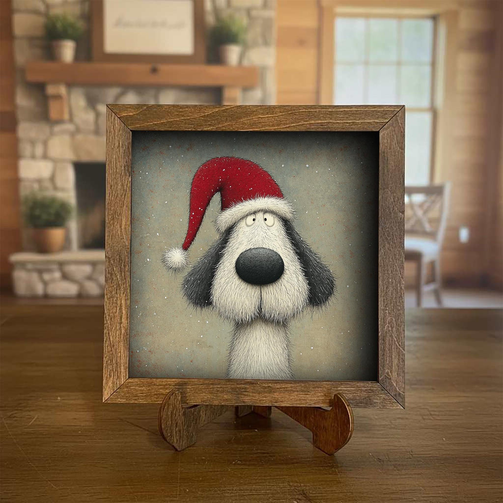 Christmas Dog Framed Art | Whimsical Holiday Dog Illustration | Funny Pet Lover Christmas Decor | Rustic Wood Frame | Easel Included