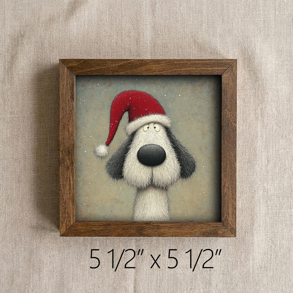 Christmas Dog Framed Art | Whimsical Holiday Dog Illustration | Funny Pet Lover Christmas Decor | Rustic Wood Frame | Easel Included