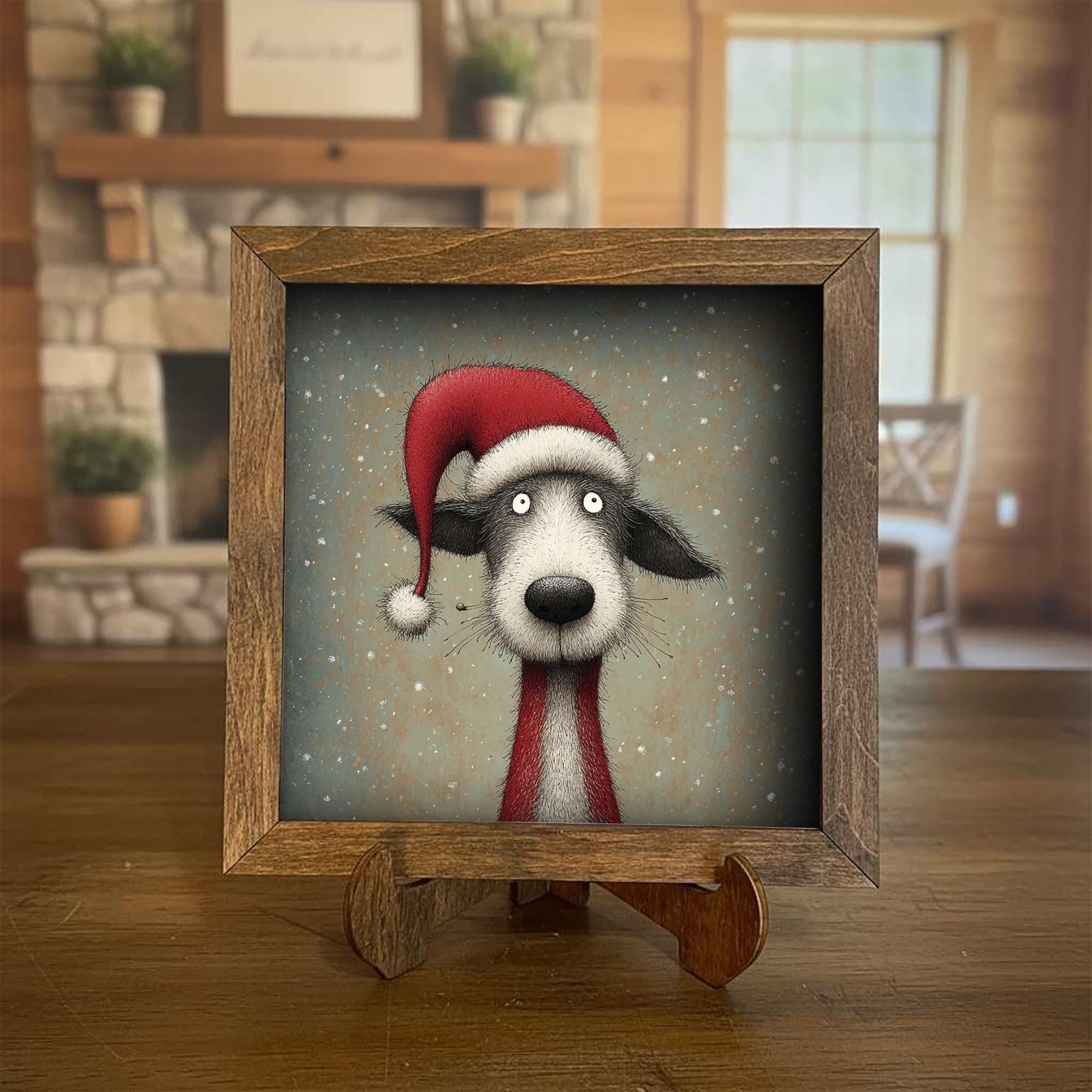 Funny Christmas Dog Framed Art | Whimsical Holiday Dog Illustration | Pet Lover Christmas Decor | Rustic Wood Frame | Easel Include