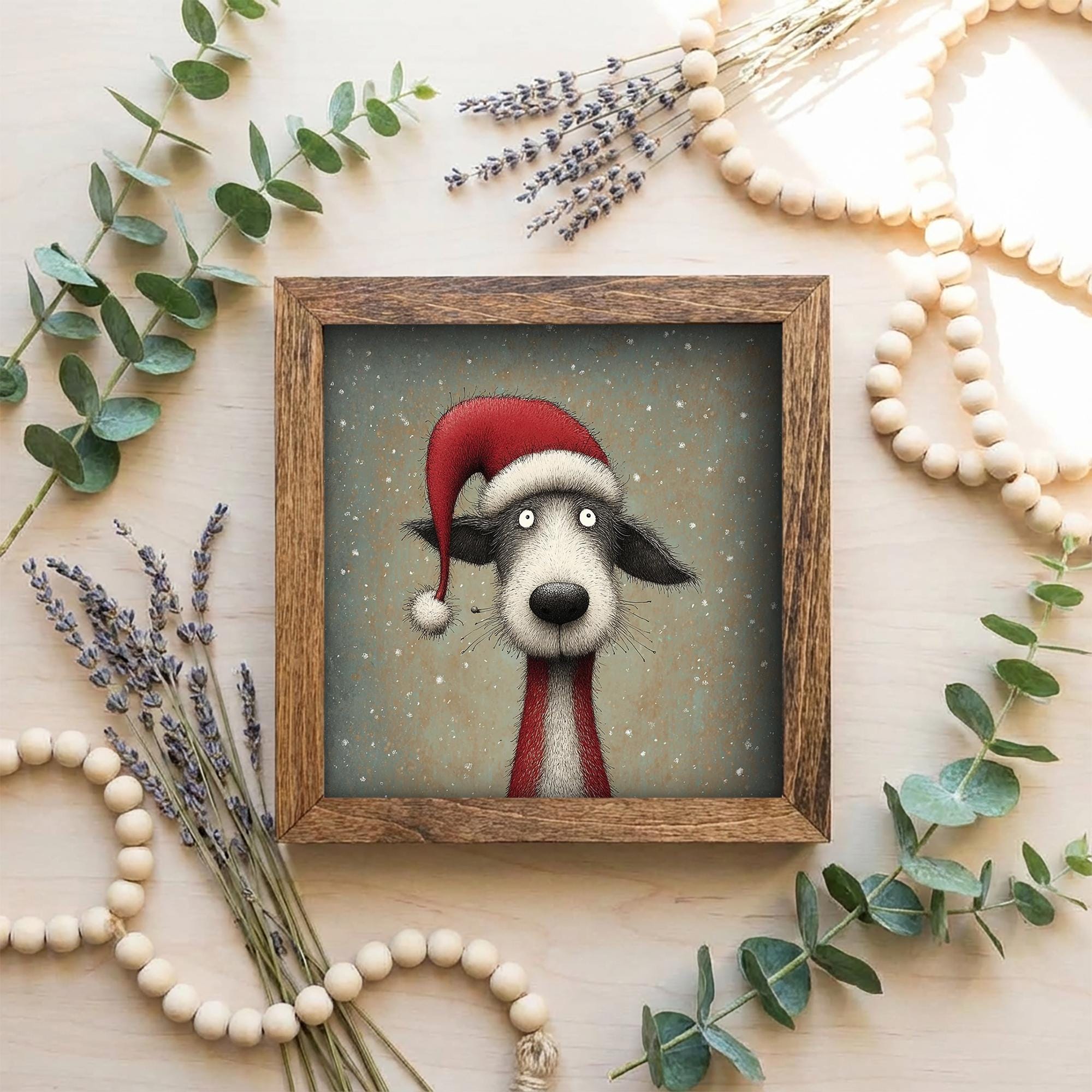 Funny Christmas Dog Framed Art | Whimsical Holiday Dog Illustration | Pet Lover Christmas Decor | Rustic Wood Frame | Easel Include