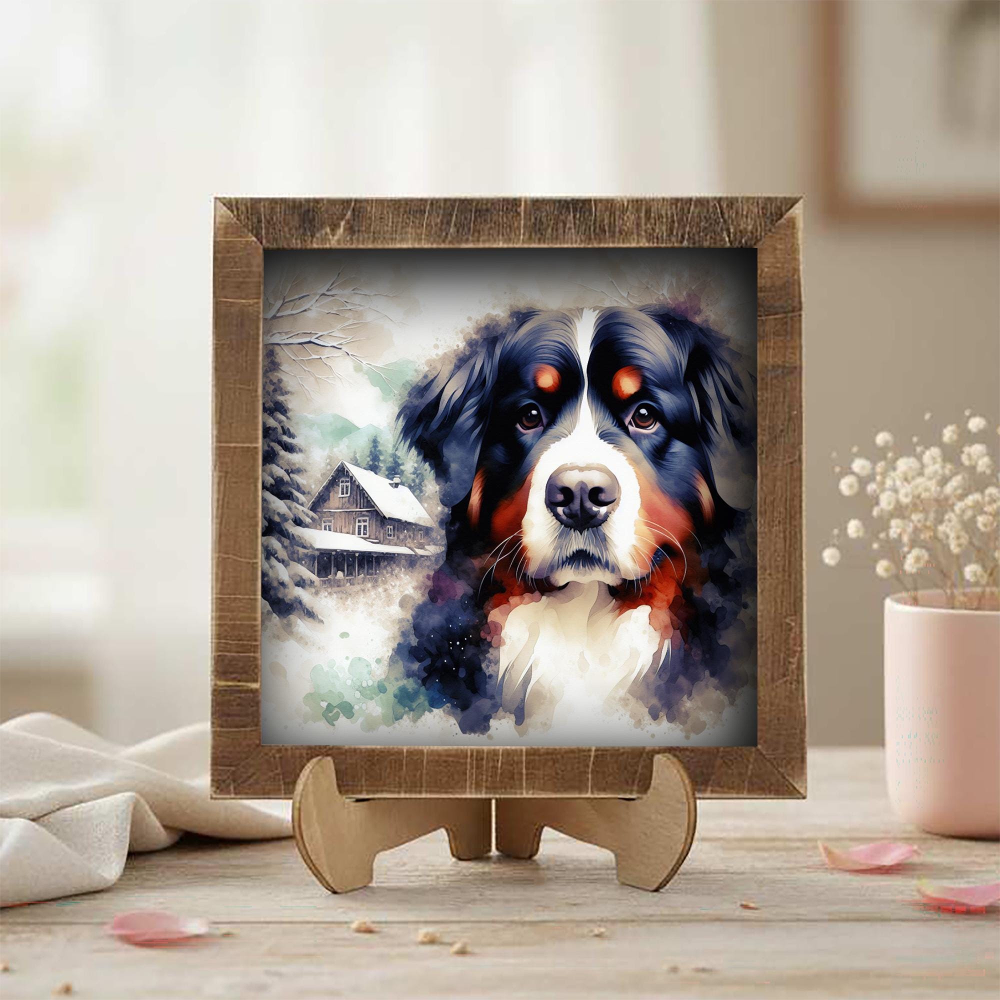 Black white and rust Bernese Mountain Dog Framed Art, Watercolor Bernese Mountain Portrait, 5.5 Inch Shelf Decor with Easel, Dog Lover Gift