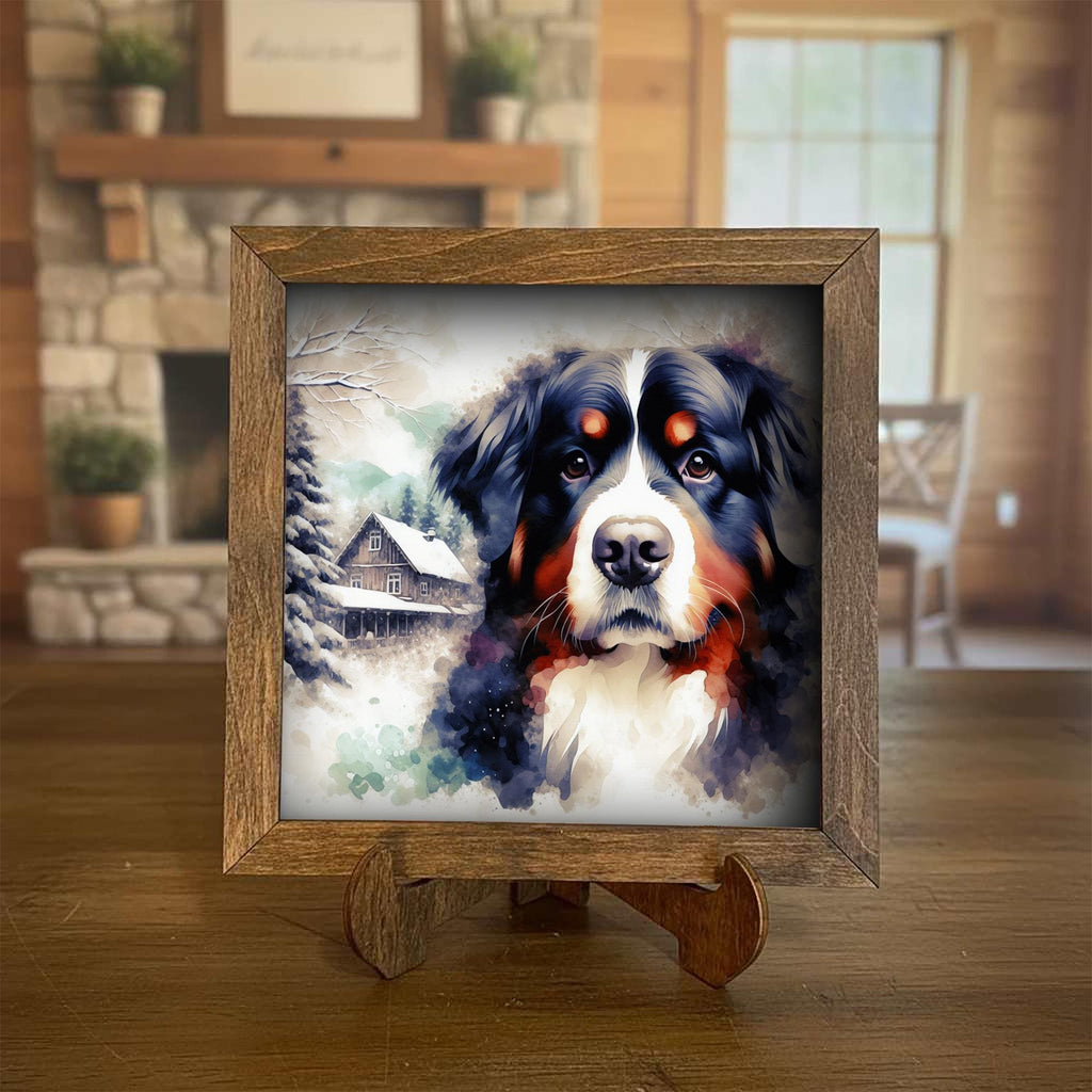 Black white and rust Bernese Mountain Dog Framed Art, Watercolor Bernese Mountain Portrait, 5.5 Inch Shelf Decor with Easel, Dog Lover Gift