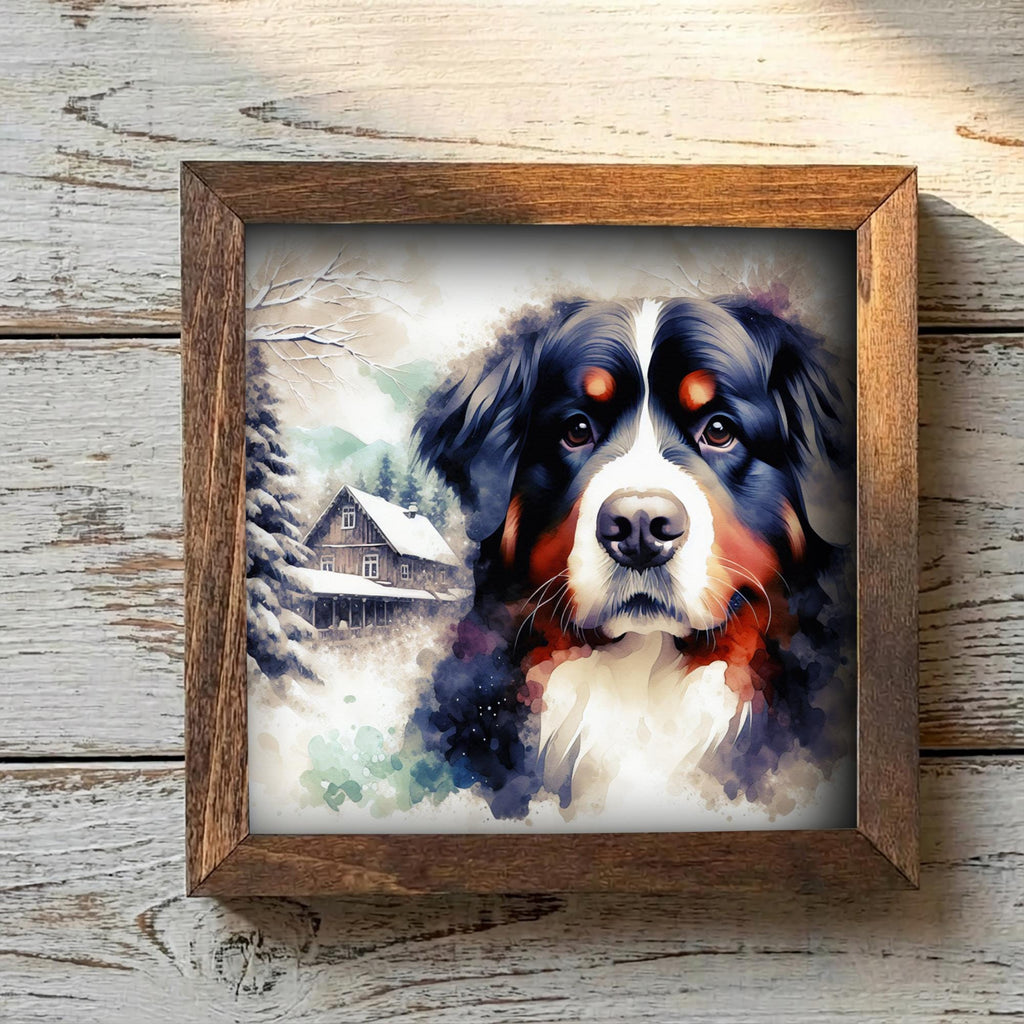 Black white and rust Bernese Mountain Dog Framed Art, Watercolor Bernese Mountain Portrait, 5.5 Inch Shelf Decor with Easel, Dog Lover Gift