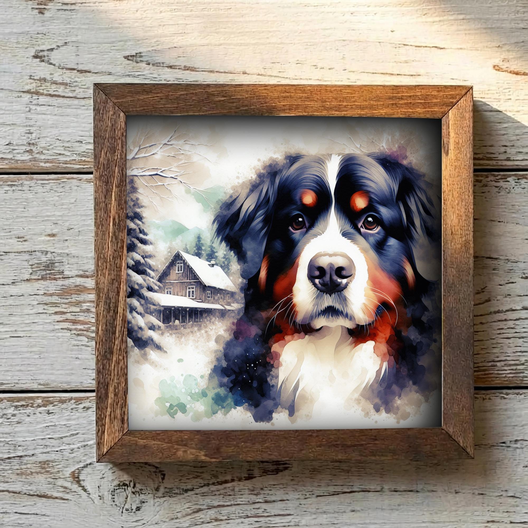 Black white and rust Bernese Mountain Dog Framed Art, Watercolor Bernese Mountain Portrait, 5.5 Inch Shelf Decor with Easel, Dog Lover Gift