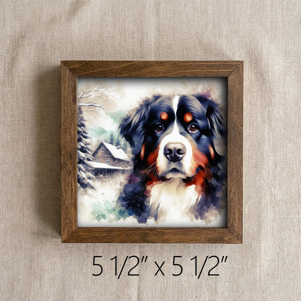 Black white and rust Bernese Mountain Dog Framed Art, Watercolor Bernese Mountain Portrait, 5.5 Inch Shelf Decor with Easel, Dog Lover Gift